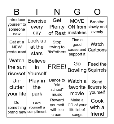 Stress Reduction Bingo Card