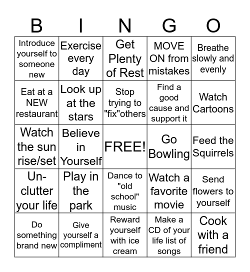 Stress Reduction Bingo Card