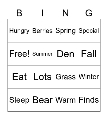 Sleep, Bear Bingo Card