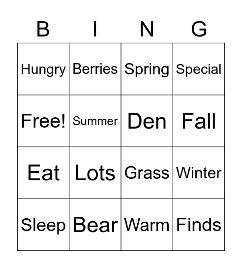 Sleep, Bear Bingo Card