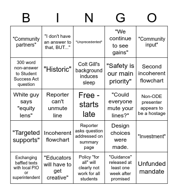 ODE press conference bingo Card