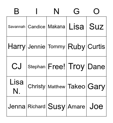 Family Names Bingo Card