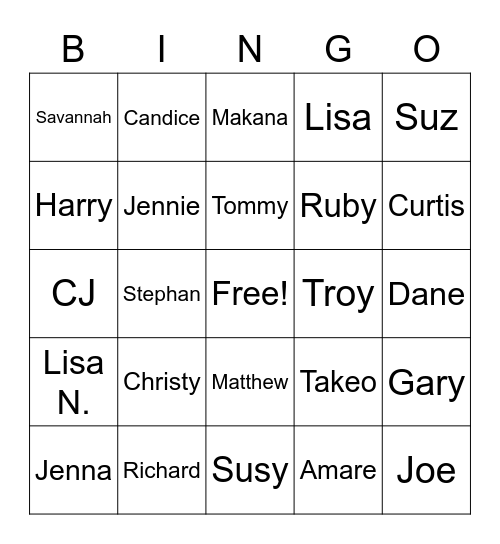 Family Names Bingo Card