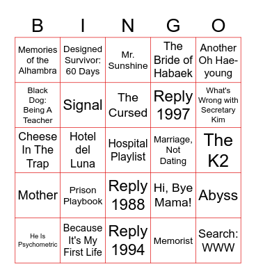 tvN's Drama Bingo Card