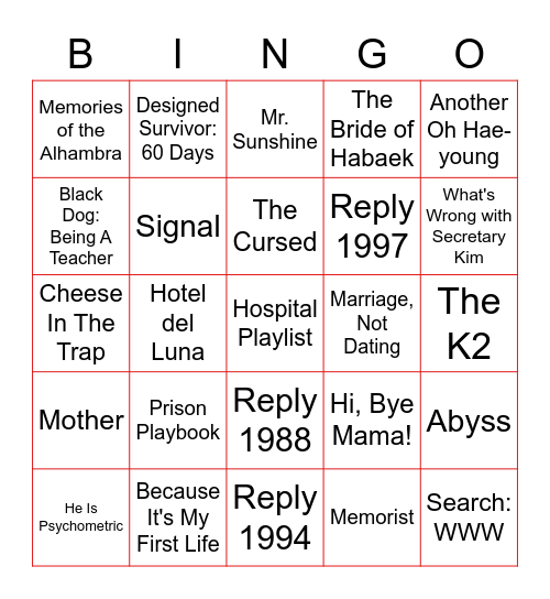 tvN's Drama Bingo Card