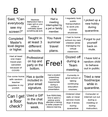 Teacher BINGO with a Distance Learning Twist - SY 2019-20 Bingo Card
