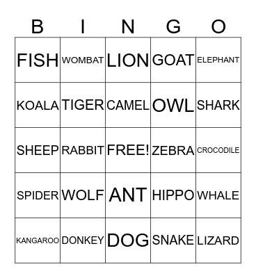 ANIMAL BINGO Card