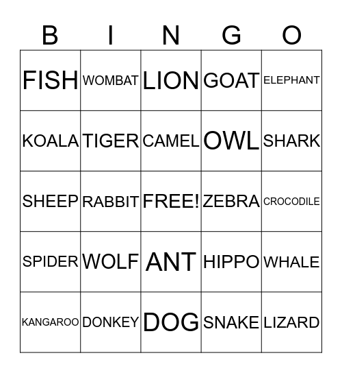 ANIMAL BINGO Card