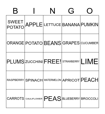 FRUIT / VEG Bingo Card