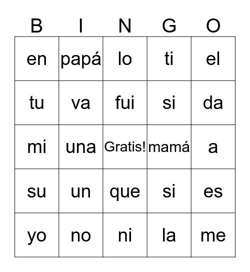 Palabras Bingo Card