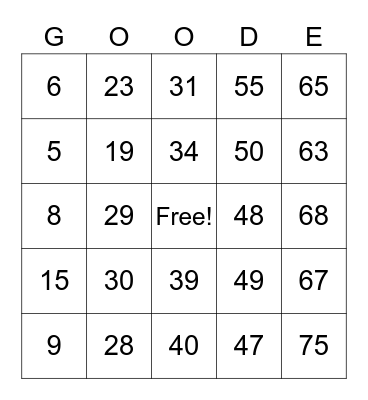 49th Goode Family Reunion Bingo Card