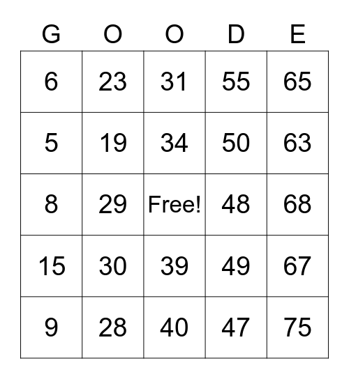 49th Goode Family Reunion Bingo Card