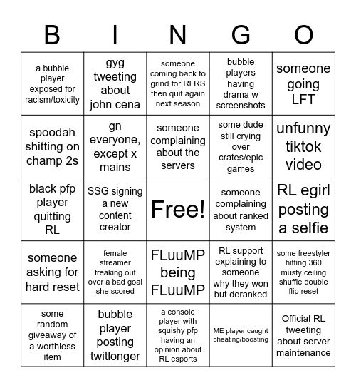 Rocket League Twitter Bingo Card