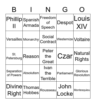 Absolutism/Enlightenment Bingo Card
