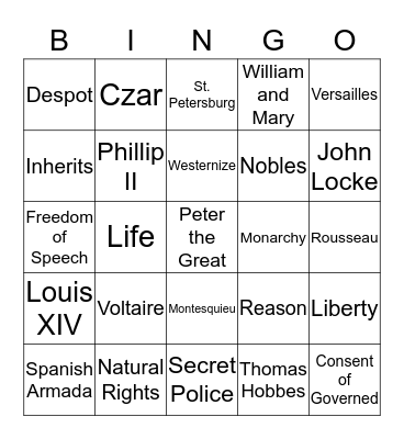 Absolutism/Enlightenment Bingo Card