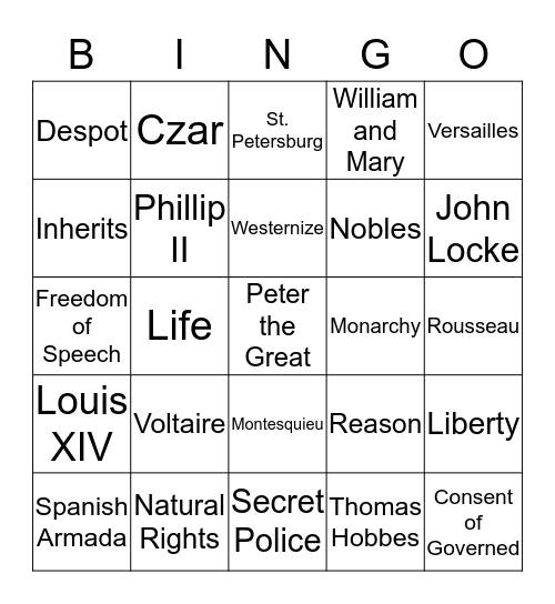 Absolutism/Enlightenment Bingo Card