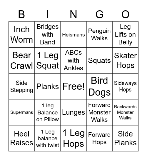 PT Exercises Bingo Card