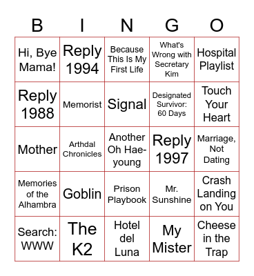 tvN's Drama Bingo Card
