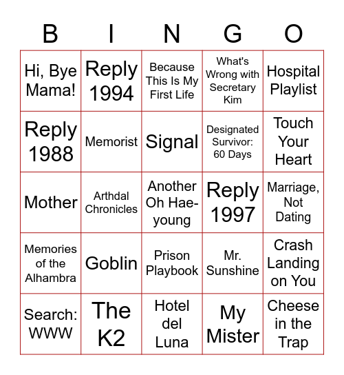 tvN's Drama Bingo Card