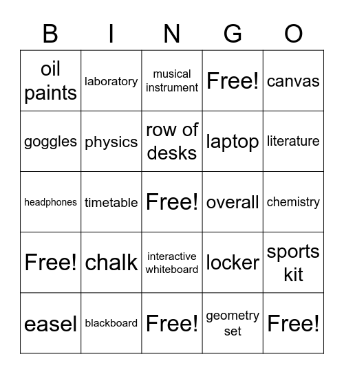 School Equipment, Secondary School Bingo Card