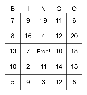 Addition Bingo 2-20 Bingo Card