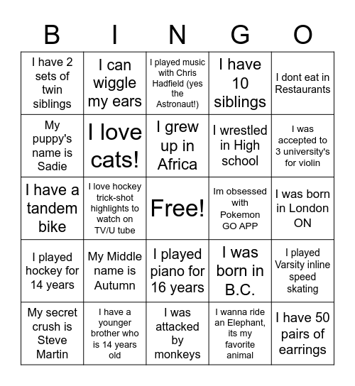 #114 B I N G OI have a younger brother who is 14 Bingo Card