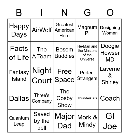 80's TV Bingo Card