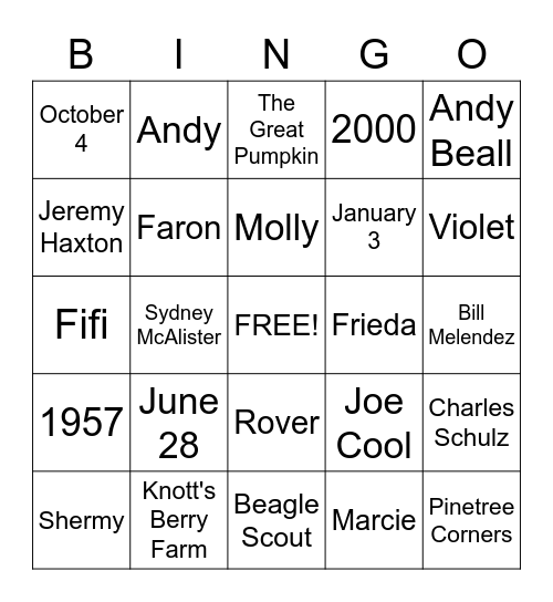 Snoopy Bingo Card