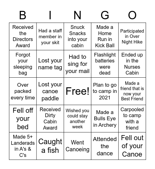 4-H Camp Bingo Card