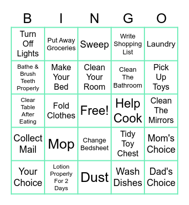 Household Chores Bingo Card