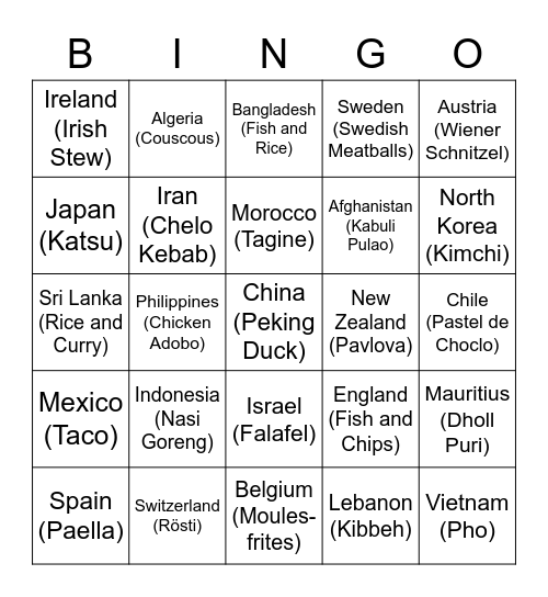 Foods of the world Bingo Card