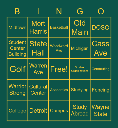 Wayne State University Bingo Card