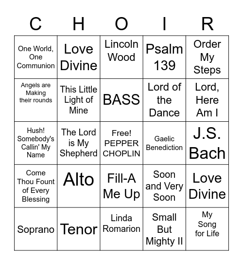 Covid Choir Bingo Card