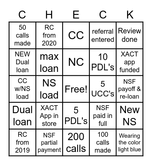 Check 'n Go Bingo Card