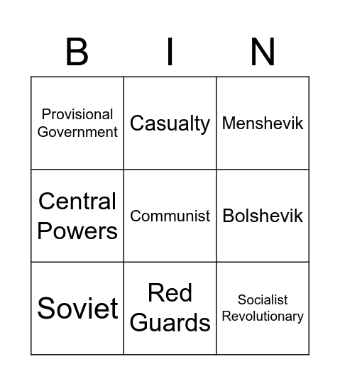 Russian Revolution Bingo Card