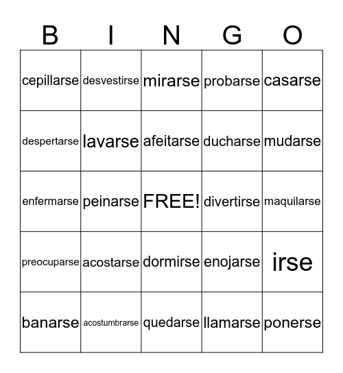 reflexive verbs Bingo Card