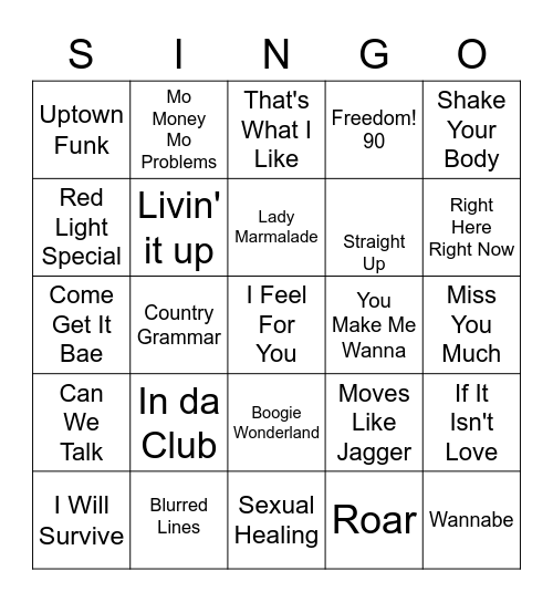 Singo 1 Bingo Card