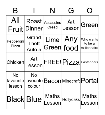 My Favourite things  Bingo Card