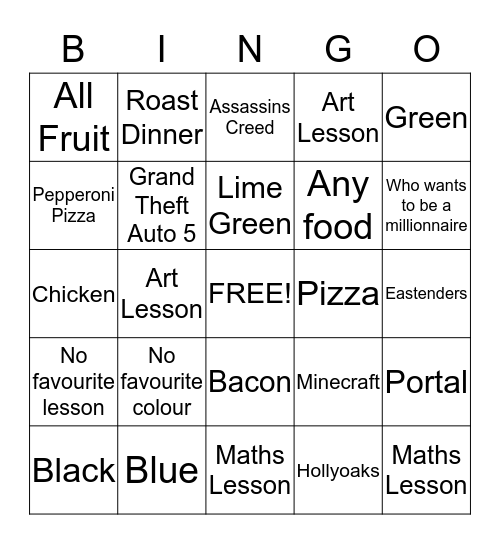 My Favourite things  Bingo Card