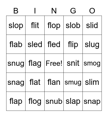 sl, fl, sn, sm Bingo Card