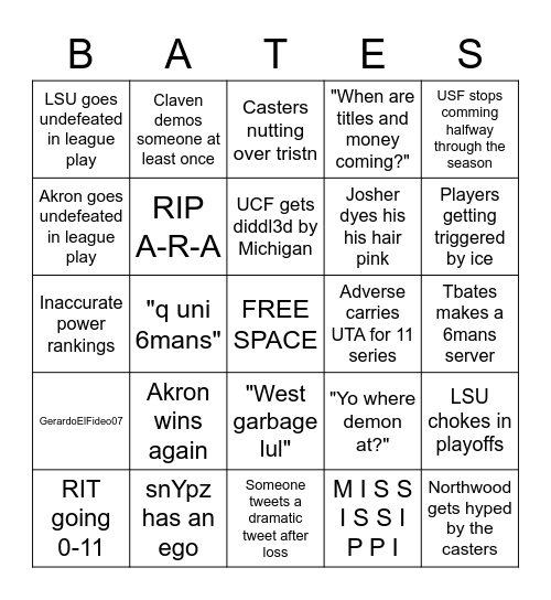 CCA Division 1 Bingo Card