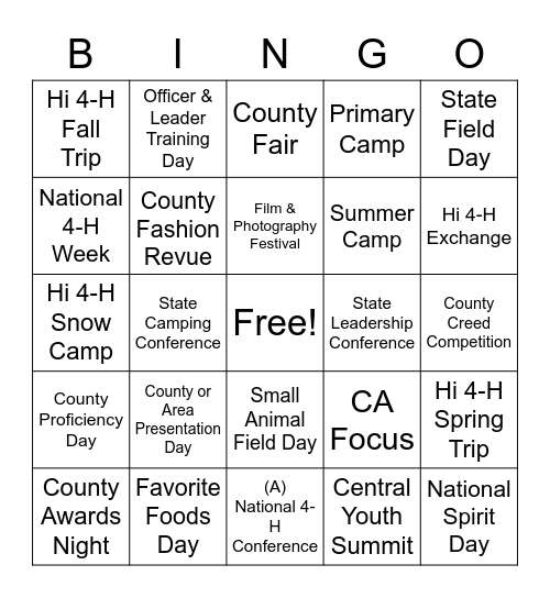 4-H EVENTS ATTENDED BINGO Card