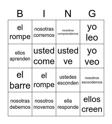 Conjugated verbs Bingo Card