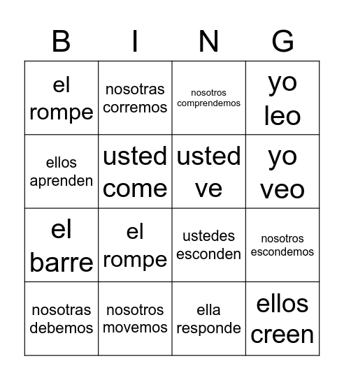Conjugated verbs Bingo Card