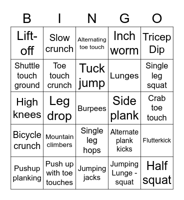 Fitness Bingo Card