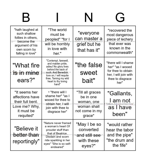 Act 3 Much Ado Bingo Card