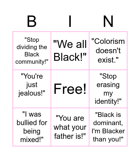 Biracial Bingo Card