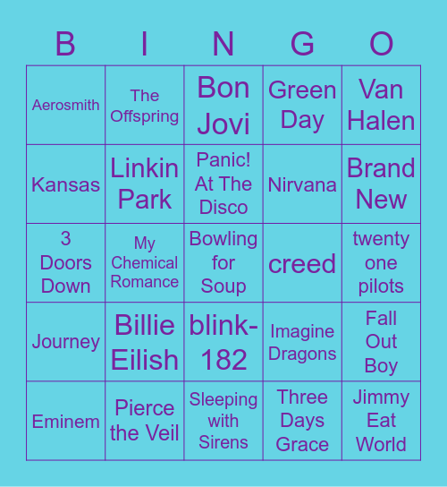 bands that have somehow entered my playlist Bingo Card