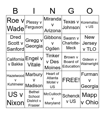 Supreme Court Cases Bingo Card