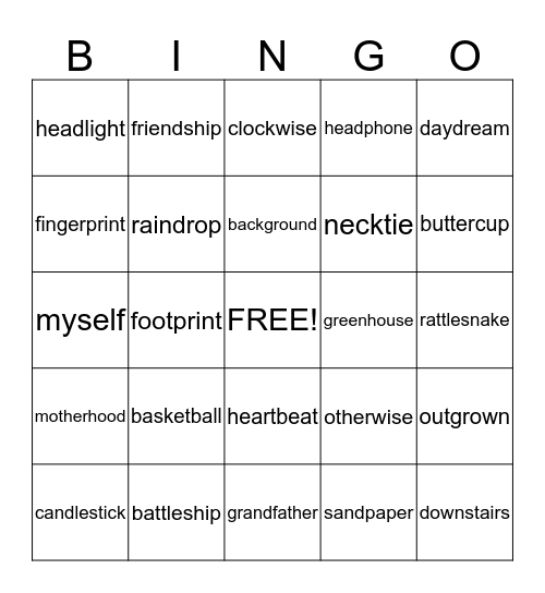 Compound Word Bingo 5 Bingo Card